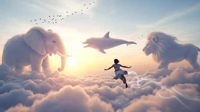 Woman dreaming and running on clouds with surreal cloud animals like a lion, elephant and dolphin in the sky.