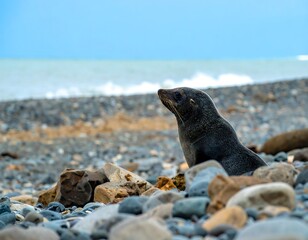 Seal on a rocky beach, looking towards the ocean