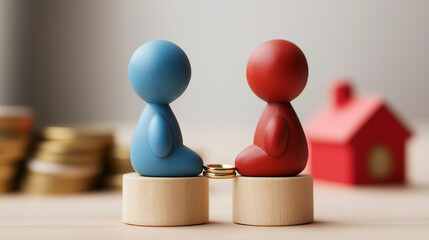 “Divorcing Couple Concept – Miniatures of Wedding Rings, Houses, and Separation”