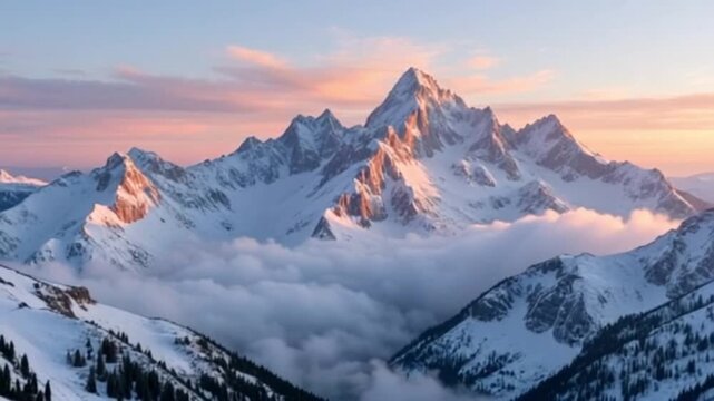 Eine Drohnenaufnahme zeigt verschneite Berggipfel im Morgenlicht