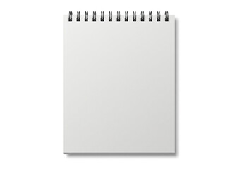 A top view of a square white notepad with a black spiral binding on a white background in studio light