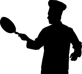 Silhouette of a chef holding a frying pan, ready to cook in a professional kitchen, representing culinary arts and food preparation skills