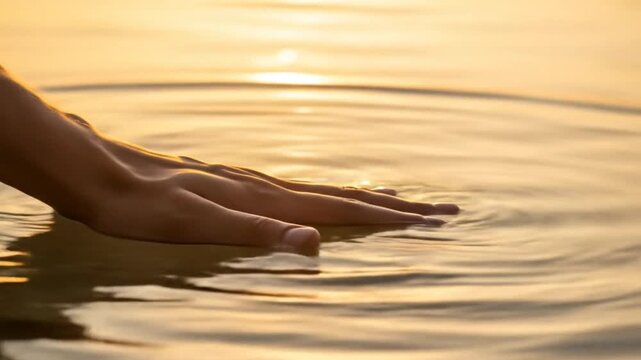 Tranquil hand touching water surface at sunset, creating ripples, with golden reflections in background
