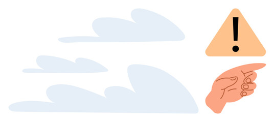 Exclamation mark inside triangle, hand pointing toward it, blue clouds behind. Ideal for caution, warnings, urgency, attention, guidance instructions messaging. Clean simple flat metaphor