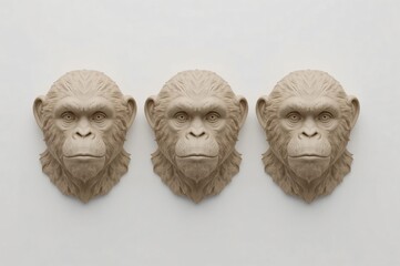Three chimpanzee busts on wall, minimalist studio