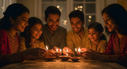 Family lighting diyas together joyfully during a warm diwali celebration at home