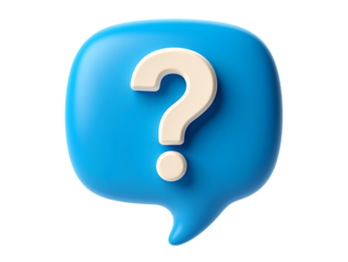 3D Render: Blue Speech Bubble with White Question Mark;  Friendly, Curious, Help Concept.