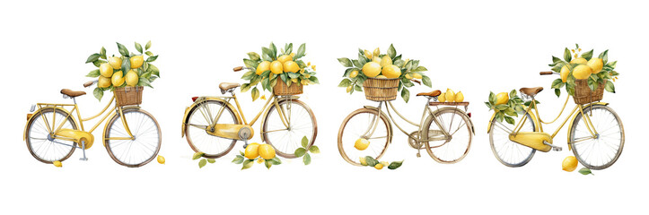 Watercolor vintage yellow bicycles with lemon baskets. Hand-painted citrus bikes PNG set for summer, market, and garden design.