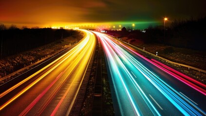 Night Highway Traffic Light Trails, Industrial Background, Speed, Motion Blur, Transportation Poster