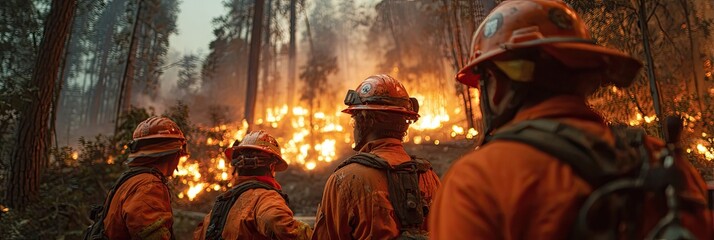 Firefighters battling wildfire in forest, smoke in background