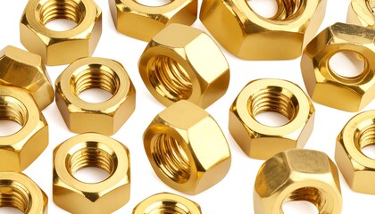 Golden nuts scattered on white background