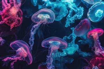 Fototapeta premium Jellyfish Seamless Pattern With Neon Glow Effect. Underwater Jellyfish Design Texture. Jellyfish Tentacles Background. Detailed Jellyfish Pattern With Copy Space. Abstract Marine Texture For Designers
