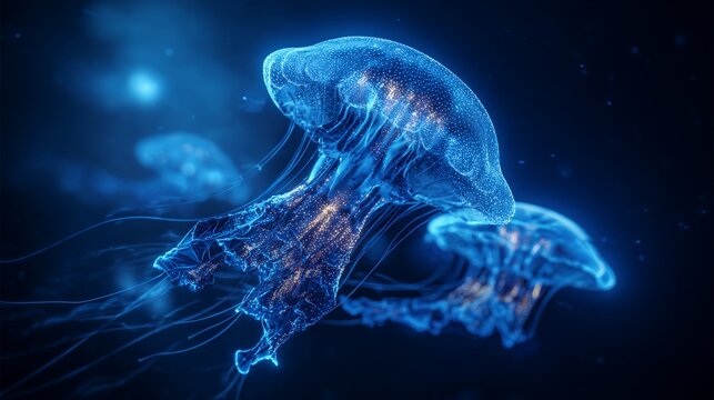 Glowing jellyfish in deep blue water, tentacles trailing