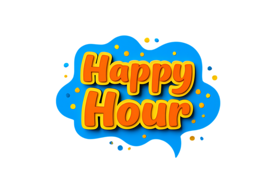 Happy Hour Announcement:  Bright Blue and Orange 3D Text Design with Confetti.