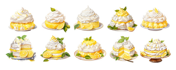 Lemon Cake Clipart Set – 30 Watercolor Dessert Illustrations with Lemon Cream Layers & Whipped Topping