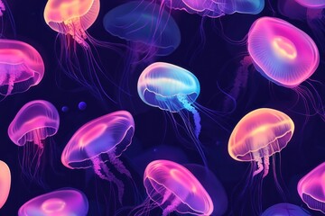 Jellyfish Seamless Pattern With Neon Glow Effect. Underwater Jellyfish Design Texture. Jellyfish Tentacles Background. Detailed Jellyfish Pattern With Copy Space. Abstract Marine Texture For Designers