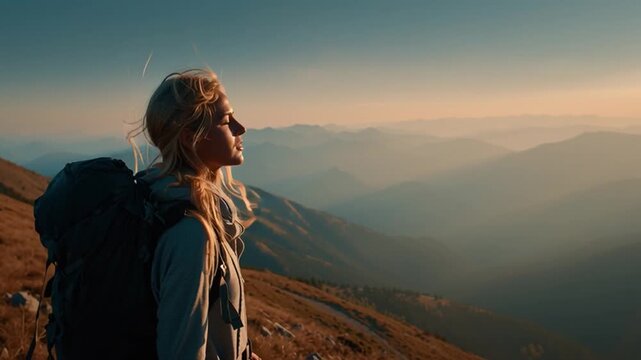 Young Woman Hiking Mountain Peaks with Dramatic Flash Photography
