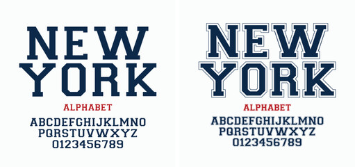 New york college classic font. Vintage sports font in American style for T-shirt designs for football, baseball, and basketball teams. College, school and varsity style font, tackle twill. Vector