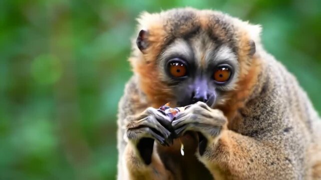 Adorable brown Lemur eating fruit in jungle environment with copy space and blurred green background.  Wildlife portrait of lemur eating.