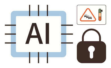 AI chip with connection lines, traffic warning sign, and lock icon. Ideal for AI, technology, innovation, cybersecurity, traffic analysis, automation safety simple flat metaphor