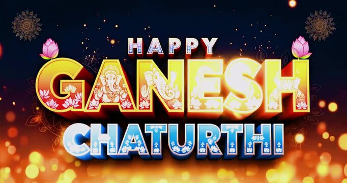 Vibrant animated Ganesh Chaturthi greeting with 3D text, colorful lotus flowers, and festive bokeh lights, perfect for spiritual celebrations