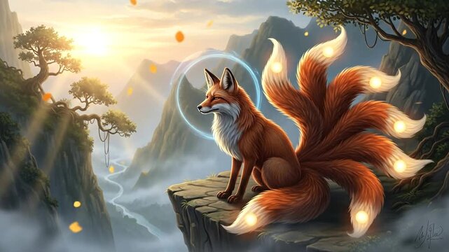 A divine nine tailed fox sitting on a cliff in an asian mountain landscape with a glowing halo at sunrise.