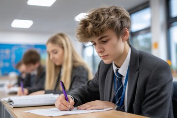 A teenage boy student writing in a classroom, focused on his desk work during examination or lesson for education concept.