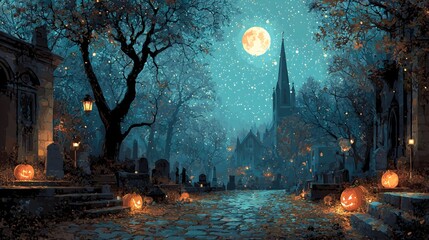 Haunted cemetery under a full moon with glowing pumpkins on Halloween night