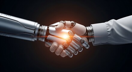 Closeup of a robot and human hand shaking, symbolizing partnership and technological advancement