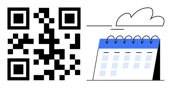 QR code next to a spiral-bound calendar under a cloud. Ideal for scheduling, time management, digitization, online tools, appointments, innovation, and efficiency. Simple flat metaphor