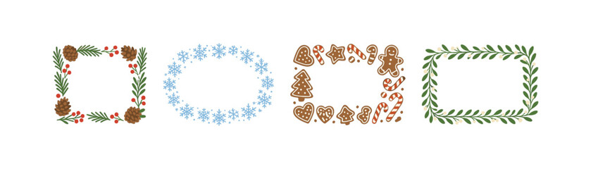 Festive borders with pinecones, snowflakes, leaves, and gingerbread cookies for holiday designs