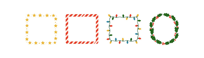 Obraz premium Festive borders: stars, holly, candy cane, and lights for holiday design