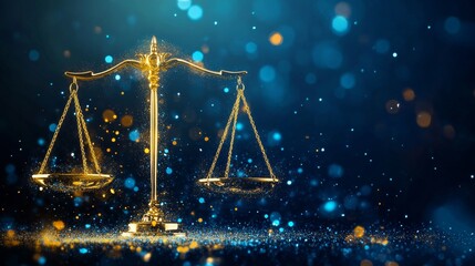 Elegant golden and blue abstract representation of justice with dynamic particle effects