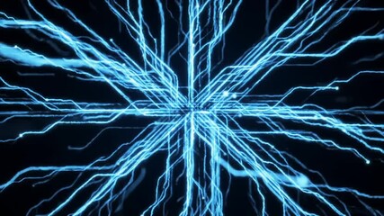 Abstract network of glowing blue lines radiates from the center point on a black backdrop, suggesting connectivity and technology