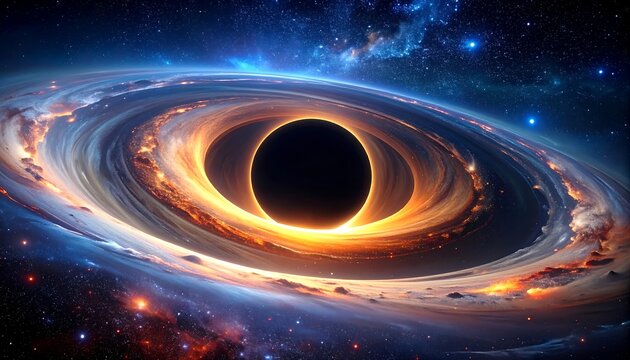 Majestic Black Hole with Glowing Accretion Disk and Cosmic Nebula in Deep Space.