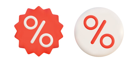 3D set of red and white percent icons isolated on background, discount badges and symbols for sales, promotions and advertising design