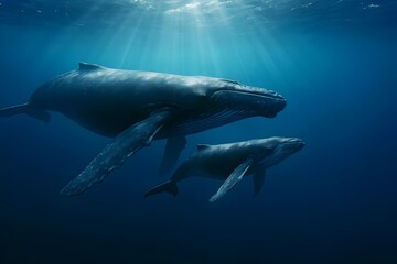 Fototapeta premium Humpback whale underwater ocean wildlife marine life aquatic animal sea giant mother and calf swimming together