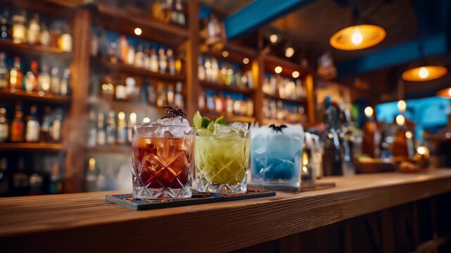 Three visually stunning cocktails served at chic bar, showcasing vibrant colors and intriguing garnishes. Drinks on wooden counter, with spider garnish,  smokey vibes Haloween interier