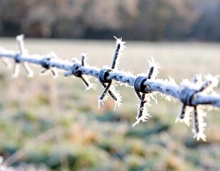 Obraz premium Frozen barbed wire fence on a frosty morning