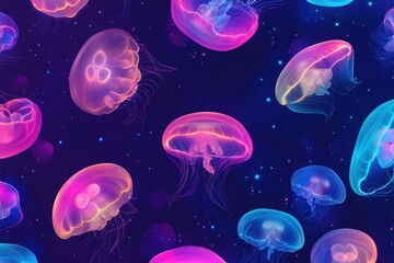 Jellyfish Seamless Pattern With Neon Glow Effect. Underwater Jellyfish Design Texture. Jellyfish Tentacles Background. Detailed Jellyfish Pattern With Copy Space. Abstract Marine Texture For Designers