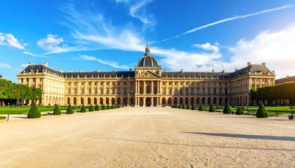 Obraz premium Majestic French Palace with Grand Courtyard and Blue Sky.