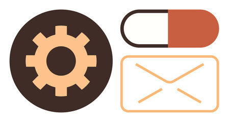 Gear icon, envelope symbol, and pill capsule in flat design style. Ideal for technology, communication, healthcare, logistics, innovation email systems or education. Versatile simple flat metaphor