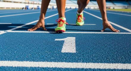 Ready, Set, Go! Athlete poised at the starting line of a race, ready to sprint.  The number one marks their position, highlighting the anticipation before the competition.