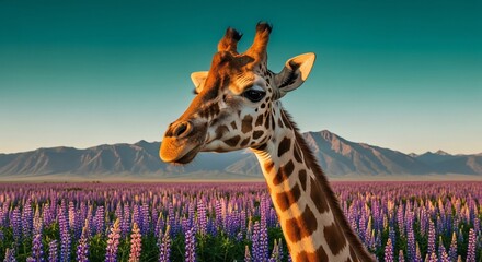 Obraz premium Giraffe in a Lupine Field at Sunset
