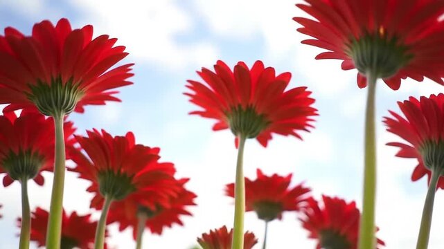 A stunning worm's-eye view of vibrant red gerbera daisies stretching up towards a beautiful blue sky with soft white clouds