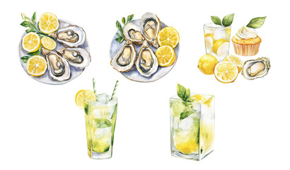 Lemon & Oyster Gourmet Clipart – 6 Watercolor Food Illustrations with Cocktails, Shellfish and Desserts, Transparent PNG