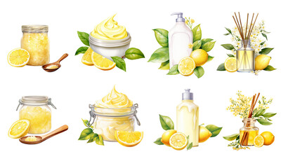 Lemon Spa Clipart Set – 8 Watercolor Skincare and Aromatherapy Elements, Natural Cosmetic Bottles & Cream PNG