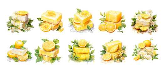 Lemon Soap Clipart Set – 10 Watercolor Bars with Citrus Slices, Blossoms & Green Leaves, Organic Skincare PNG