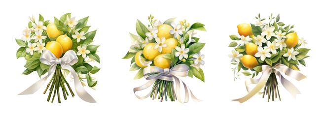 Lemon Bouquet Clipart – 3 Watercolor Floral Arrangements with Citrus, White Blossoms and Ribbons, PNG Set