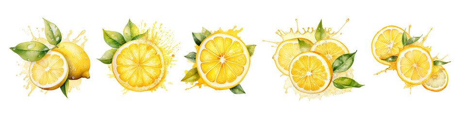 Lemon Splash Clipart – 5 Watercolor Citrus Juice Bursts with Slices and Leaves, Juicy Fruit Explosion PNG Set